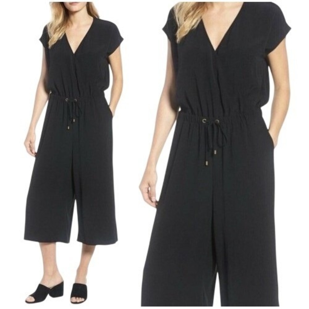 Eileen Fisher Petite Black‎ V-Neck Drawstring Jumpsuit PS Wide Leg Cropped